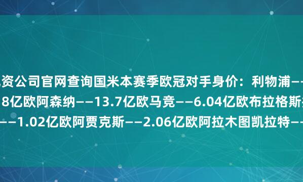 配资公司官网查询　　国米本赛季欧冠对手身价：　　利物浦——10.5亿欧　　多特——4.18亿欧　　阿森纳——13.7亿欧　　马竞——6.04亿欧　　布拉格斯拉维亚——1.02亿欧　　阿贾克斯——2.06亿欧　　阿拉木图凯拉特——1300万欧　　圣吉罗斯——8600万欧